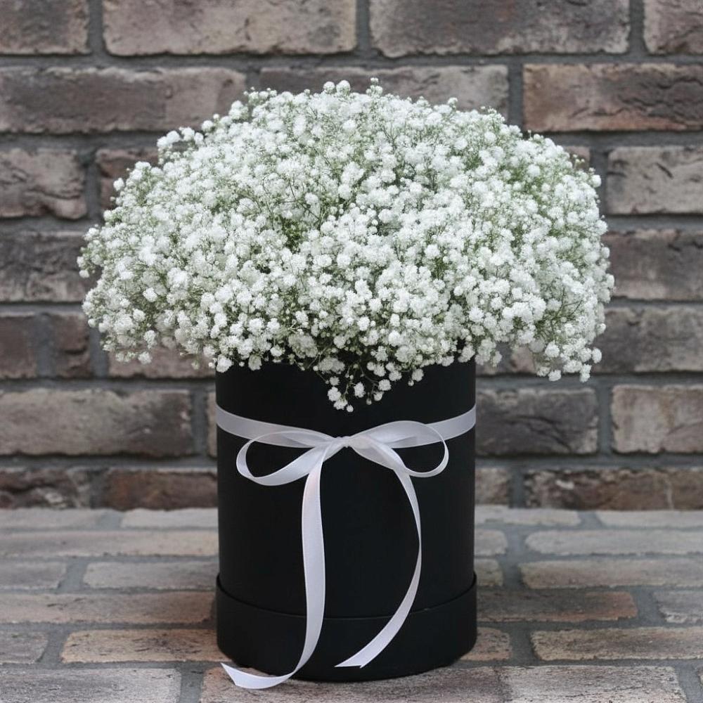 Цветочная композиция из Гипсофила в шляпной коробке в Кош-Агач