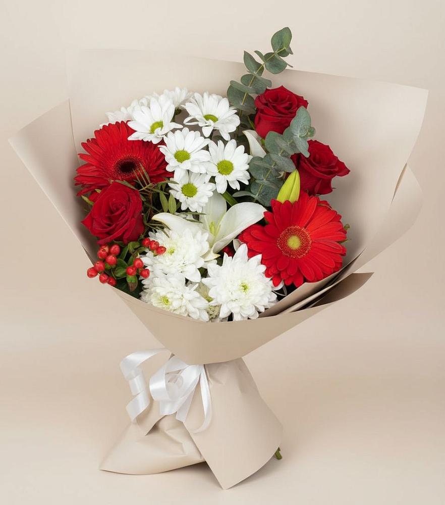 Букет цветов из: Розы, Хризантемы, Герберы и Лилии в Кош-Агач